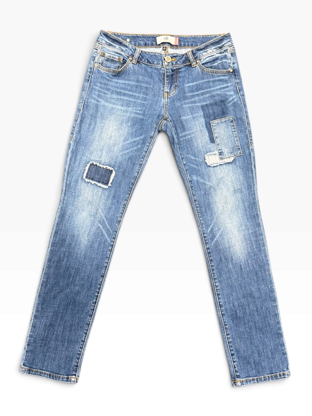 CAbi Slim Boyfriend Jeans Size 4 Blue Patchwork Distressed #5308